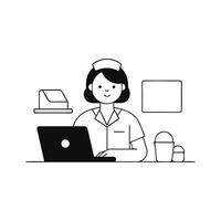 Nurse focused on a computer diligently managing patient information and healthcare tasks in a clinical setting Hand drawn Doodle line art flat illustration on white background vector