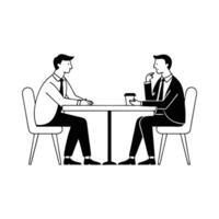 Two men in suits engaged in conversation while seated at a table showcasing a professional discussion atmosphere Hand drawn Doodle line art flat illustration on white background. vector