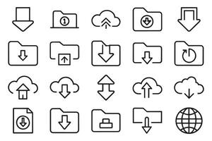 Arrow link folder download file cloud Search related editable stroke outline icon set flat illustration. vector