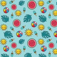 Summer pattern with Sun, ice cream, watermelon and palm leaves. vector