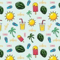 pattern with watermelons, ice cream, flip flops and palm trees. Summer background. vector