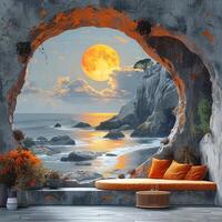 A cave with orange cushions and a view of the ocean photo