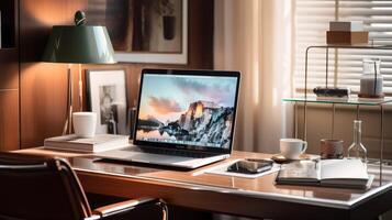 glass computer on desk with notebook photo