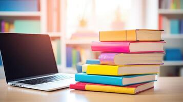 text stack of books on desk photo