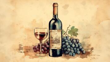 nostalgic wine bottle and glass illustration photo