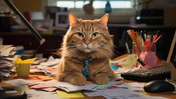 tabby cat at desk photo