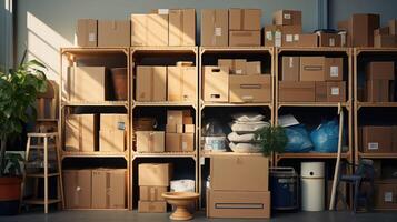 stacked storage unit with boxes photo