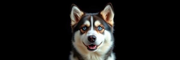Siberian husky with striking blue eyes smiling against a black background photo
