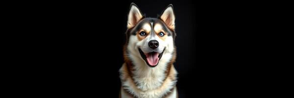 Happy Siberian Husky with a playful expression against a dark background photo