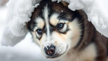 Puppy wearing a snow blanket enjoys a winter day in a snowy landscape photo