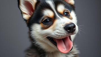 Happy puppy with expressive eyes and playful demeanor on a neutral background photo