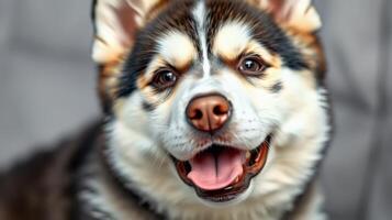 Playful dog enjoying a happy moment indoors with a friendly expression and bright fur photo