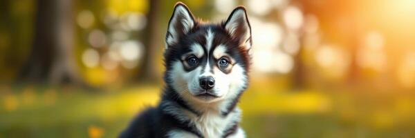 Cute fluffy dog enjoying a sunny afternoon in a lush green park surrounded by trees photo