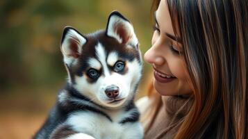 Woman smiles as she holds a playful husky puppy in a vibrant outdoor setting during autumn photo
