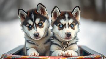 Two adorable Siberian husky puppies looking out from a sled in a snowy environment with a soft focus on their striking blue eyes photo