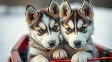 Two playful Siberian husky puppies sit side by side in a cozy red sled during a snowy winter day in a tranquil outdoor setting photo