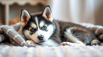 Cute husky puppy resting on a cozy blanket in a warm indoor setting during daylight hours photo