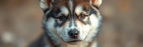 Cute puppy with fluffy fur looking at the camera in a natural outdoor setting during golden hour photo