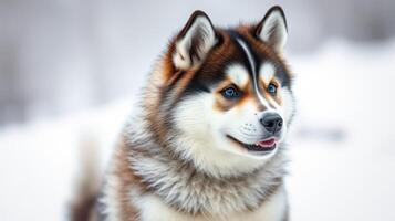 Alaskan Malamute experiencing a snowy landscape during winter in a serene, forested area photo