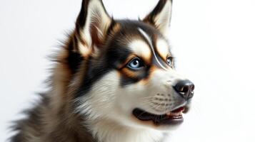 Husky dog with striking blue eyes poses for a close-up portrait against a plain background photo