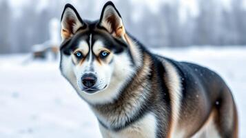 Beautiful husky dog stands in the snowy landscape under a cloudy sky during winter photo