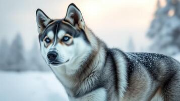 Photogenic husky standing proudly in a snowy winter landscape under soft light during a tranquil afternoon photo
