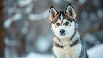 Husky dog sitting in a snowy landscape during winter, showcasing its striking features and alert expression photo