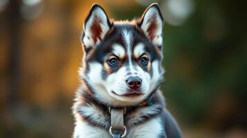 Siberian husky puppy enjoying a sunny afternoon in a park with vibrant background photo