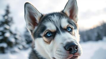 Husky in a snowy landscape with captivating blue eyes during a winter day in nature photo