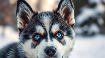 Beautiful husky puppy with striking blue eyes enjoys snowy winter day outdoors in a serene setting photo