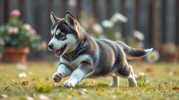 Young husky puppy joyfully running in a garden filled with blooming flowers on a sunny day photo