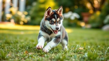 Happy husky puppy running in a sunny garden filled with greenery and plants during a warm afternoon photo