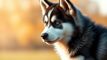 Siberian husky puppy gazing thoughtfully in a sunlit outdoor setting during early evening hours photo
