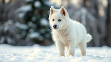White puppy explores snowy landscape with curiosity on a bright winter day photo