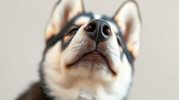 Cute dog with a distinctive black and white coat posing indoors against a neutral background photo