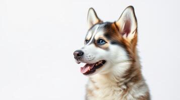 Beautiful husky dog with striking features posing against a plain background in a bright indoor setting photo
