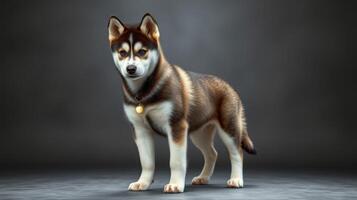 Husky dog standing confidently in a studio with dramatic lighting showcasing its distinct features photo