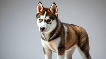 Cute fluffy husky puppy standing indoors with striking blue eyes and distinctive coat pattern in a warm and inviting setting photo