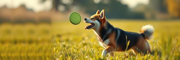 Dog joyfully playing fetch with a frisbee in a sunny green field during late afternoon photo