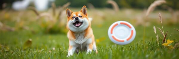 Happy dog chases frisbee in sunny park during afternoon playtime with playful spirit photo