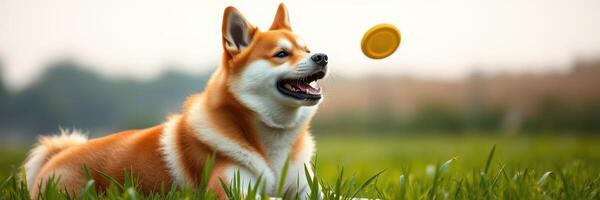 Dog enjoying a sunny day while playing fetch with a frisbee in a grassy field photo