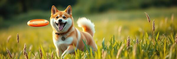 Happy dog catches frisbee in the sunny green field during a warm afternoon playtime photo