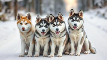 Group of four happy huskies sitting together on a snowy path in a forest during winter photo