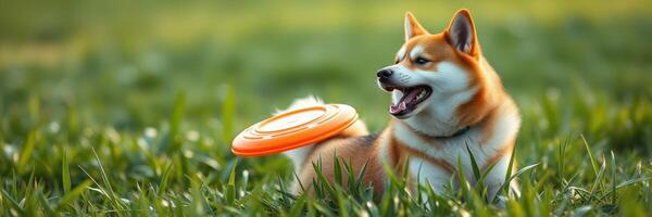 Shiba Inu joyfully playing fetch with a frisbee in a vibrant green field during a sunny afternoon photo