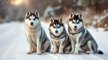 Three playful huskies sitting together on a snowy path during a late winter afternoon in a forested area photo