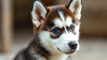 Cute husky puppy posing indoors with striking blue eyes and distinct markings during a bright afternoon photo