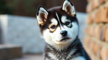 Adorable husky puppy sitting outdoors with a curious expression and beautiful fur pattern during daylight photo