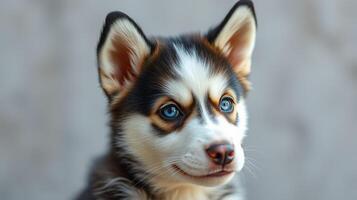 Beautiful fluffy puppy with striking blue eyes and unique coat pattern looks curiously at the camera in a soft light setting photo