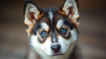 Adorable puppy with striking blue eyes poses for a close-up shot indoors, capturing the charm of canine companionship photo