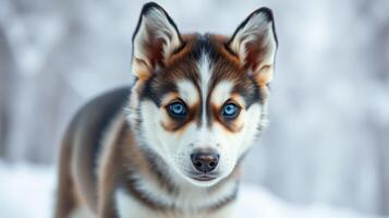 Cute husky puppy standing in a snowy landscape with bright blue eyes looking directly at the viewer during winter photo
